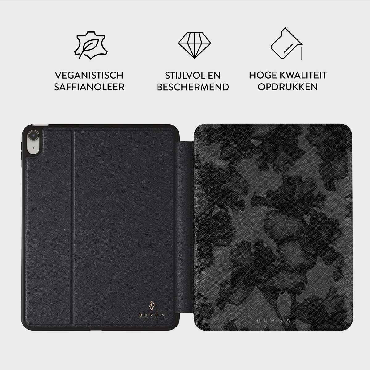 Étui iPad noir ouvert, motif floral sur la couverture. Texte: Cuir végétal, élégant, impression de haute qualité. Marque: BURGA.