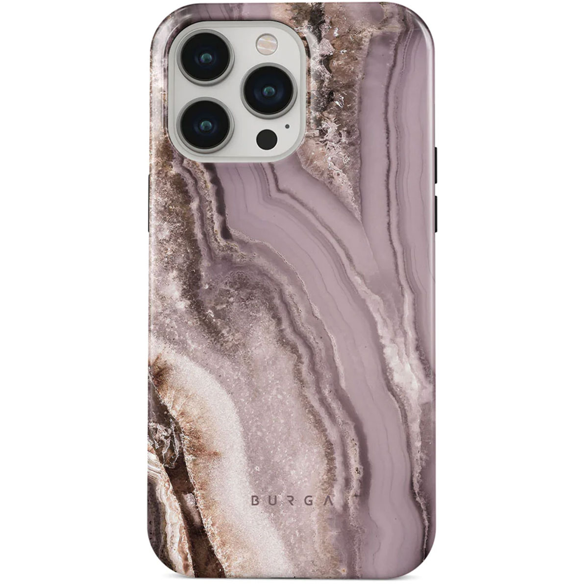 Une coque de téléphone avec un motif marbré dans les tons rose, marron et blanc. Les lentilles de la caméra sont visibles en haut.