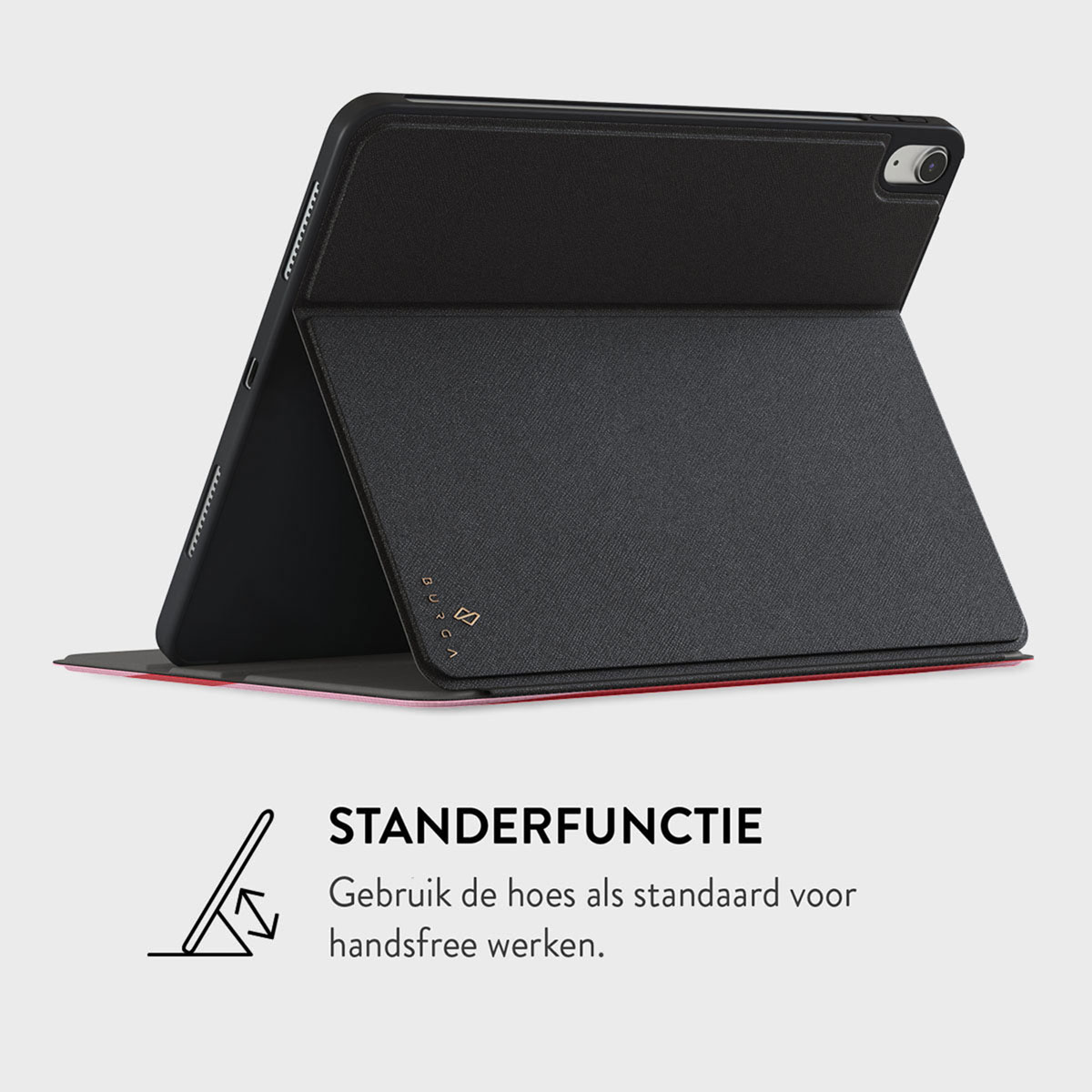 An open black tablet case with a red edge. The case is propped up, a stand function. Text below reads: Use the case as a stand for hands-free work.