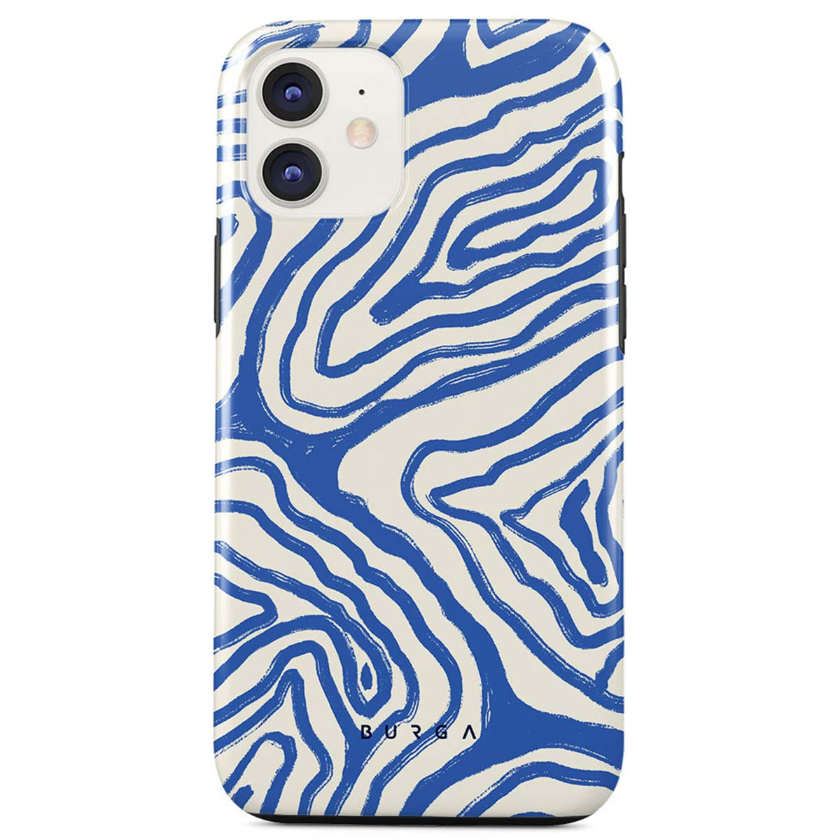 A phone case with a blue zebra pattern on a cream background. The case has a camera cutout and the brand name 'BURGA' at the bottom.