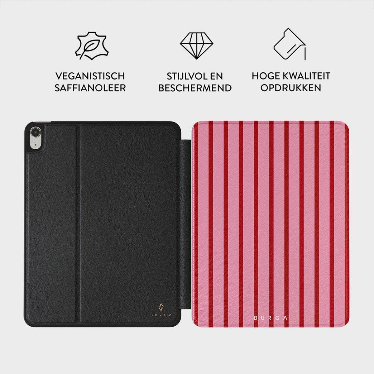 An open tablet case with a black cover and a pink striped interior. Top are icons with Dutch text. The brand BURGA is visible.