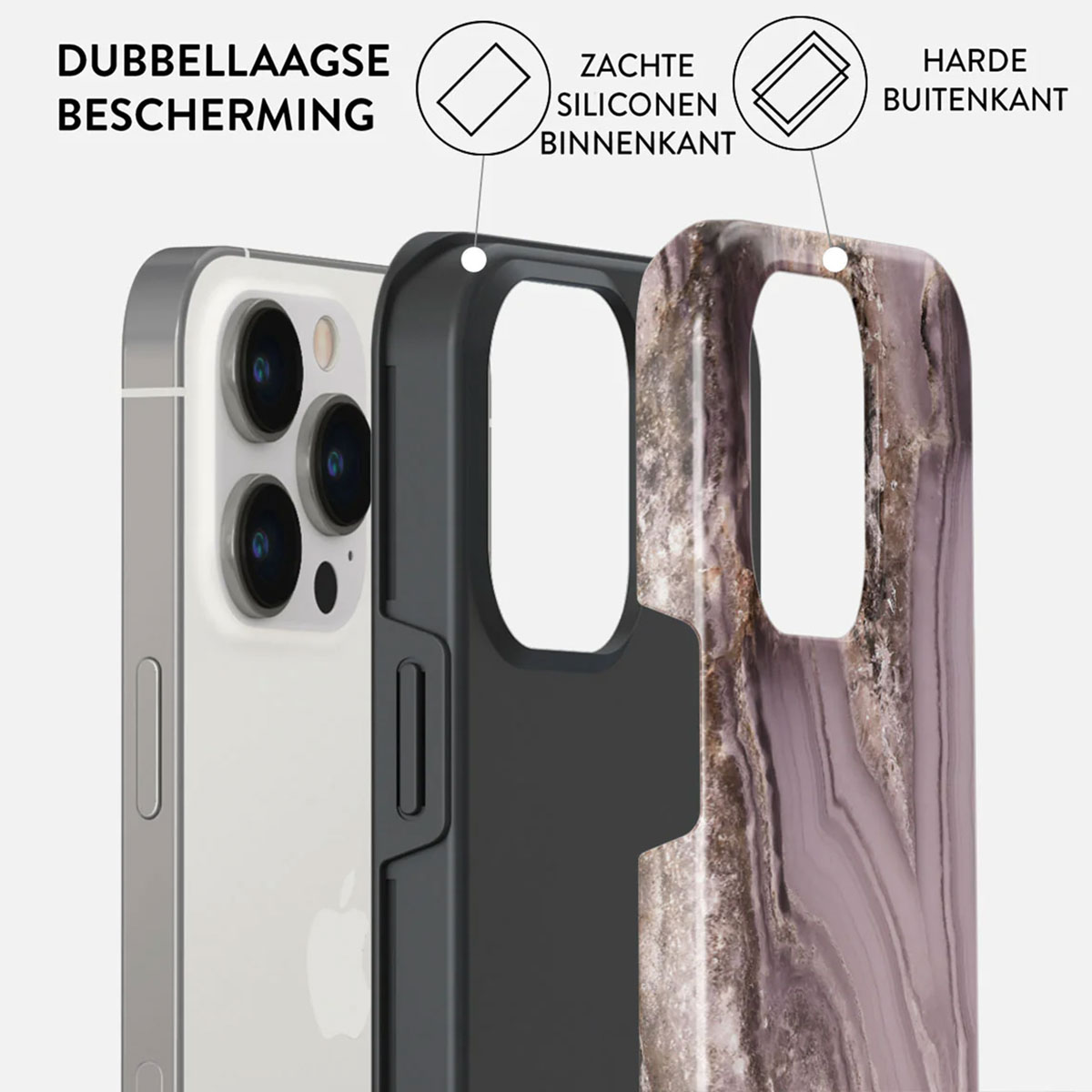 Un étui de téléphone avec des couches : extérieur dur, intérieur en silicone et téléphone. Le texte étiquette les couches. L'étui protège le téléphone.