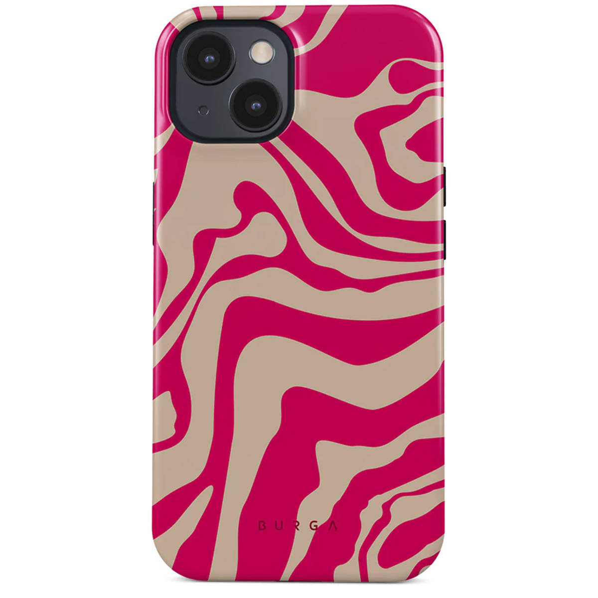 An iPhone case with a pink and beige wavy pattern. The phone has a camera and the brand name BURGA is visible at the bottom.