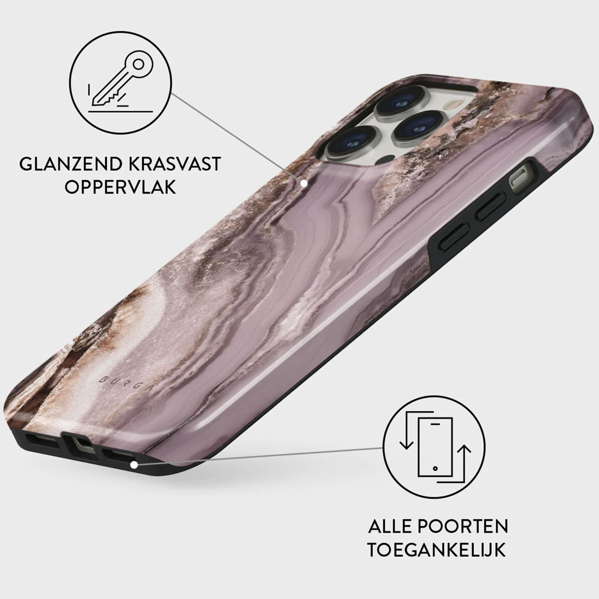 Un étui de téléphone avec un design en marbre est présenté. Il contient du texte et des diagrammes indiquant une conception résistante aux rayures et accessible.