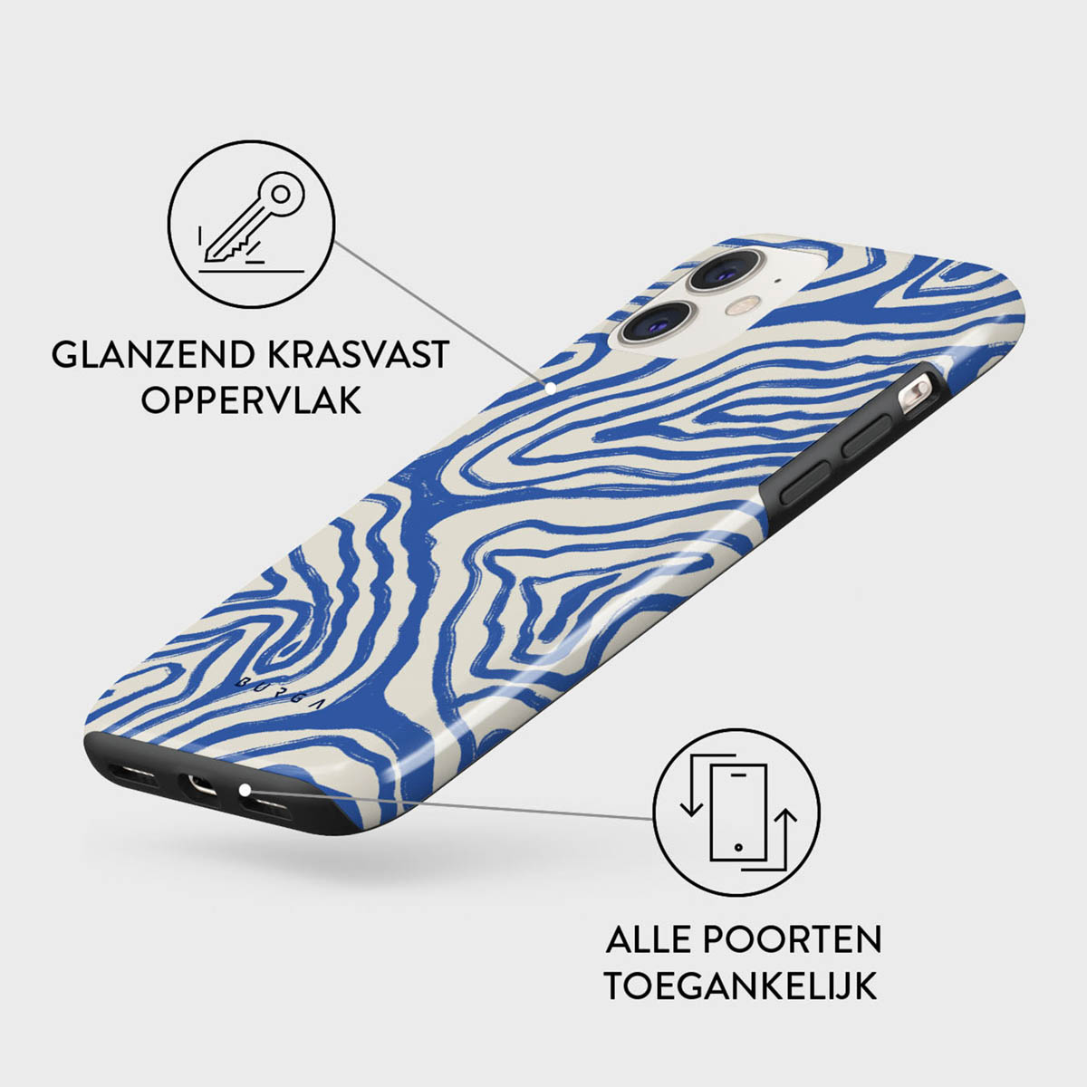 A phone case with blue zebra-like stripes on a white background. It has a black border and the text says it is scratch-resistant.