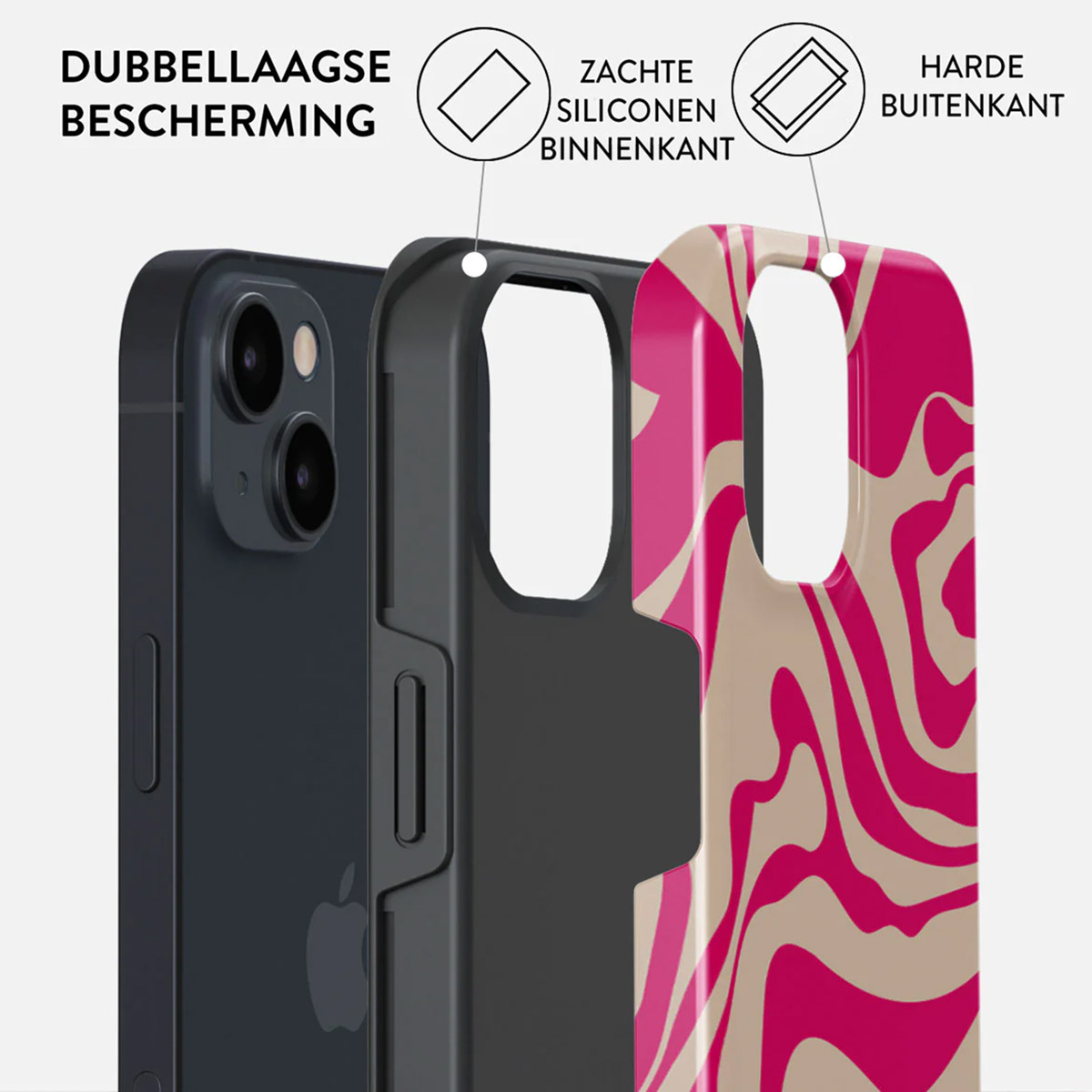 Phone case with three layers. Gray phone, black inner case, and patterned pink and tan outer case. Text labels describe layers.