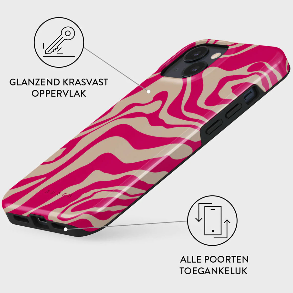 Phone case with pink and beige zebra stripes. It has a glossy, scratch-resistant surface. The ports are easily accessible.
