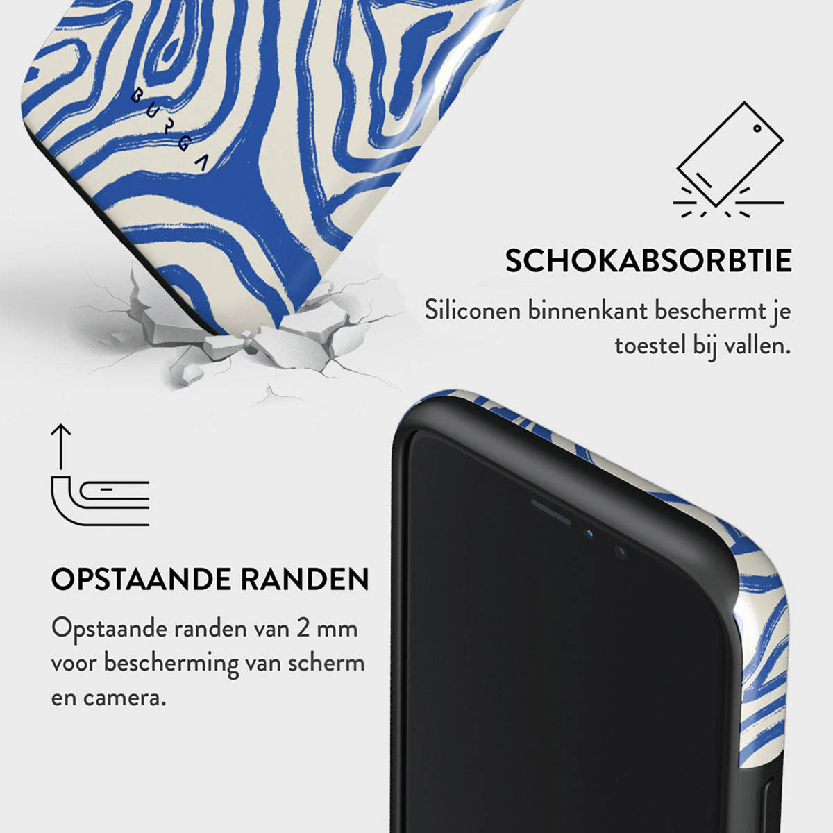 A phone case with a blue and white zebra pattern. Text describes shock absorption and raised edges for screen and camera protection.