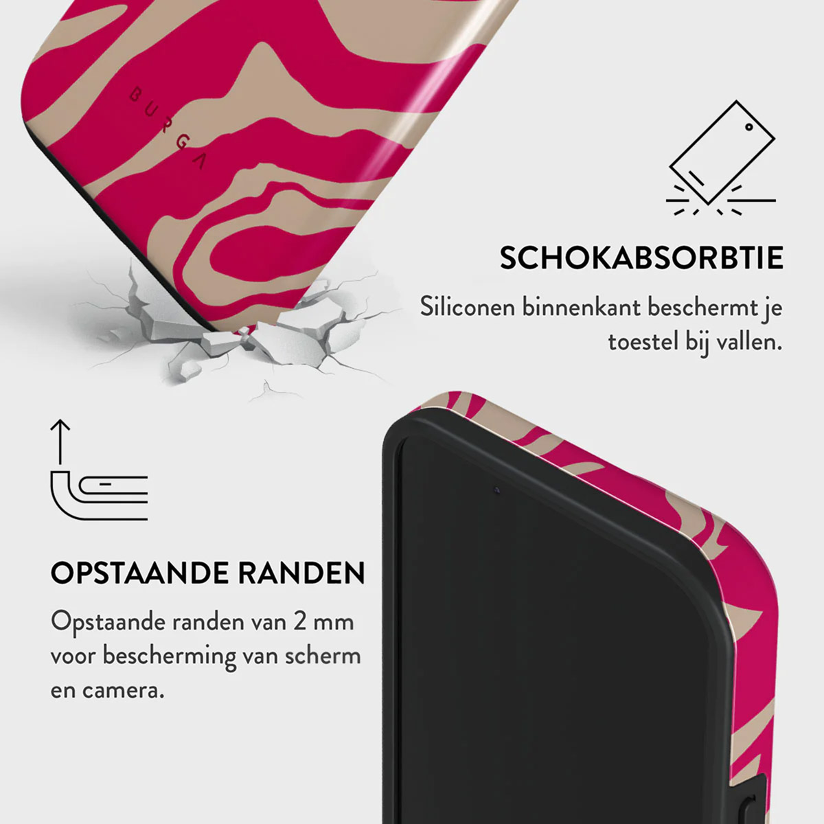A phone case with a pink and beige pattern is shown, with text indicating shock absorption and raised edges for screen and camera protection.
