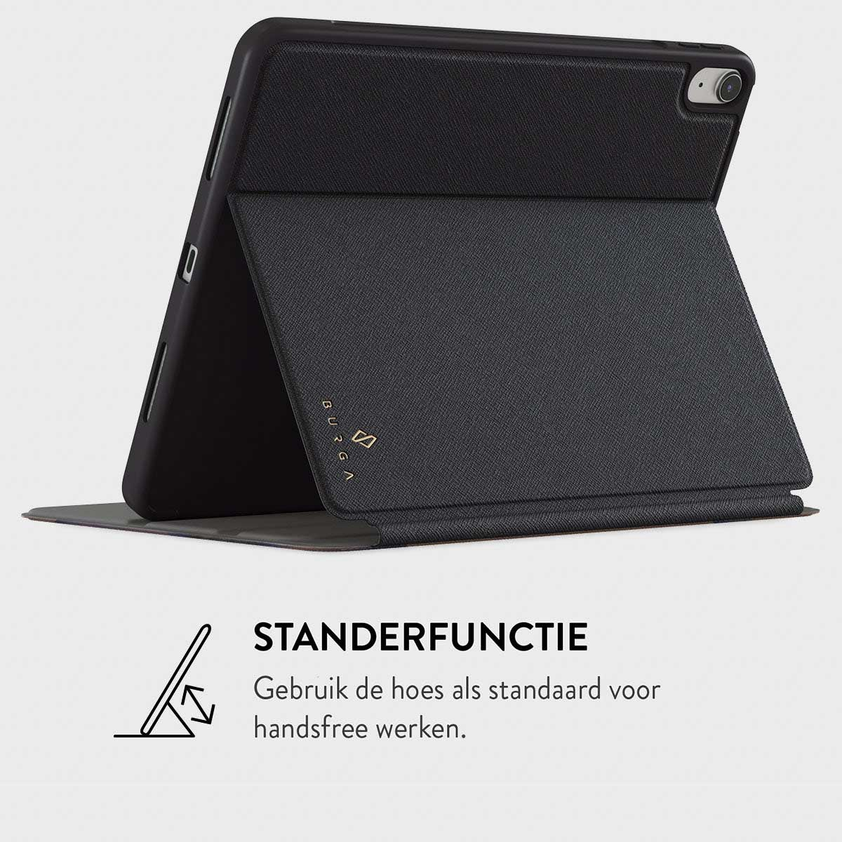 Tablette noire dans un étui. L'étui est plié comme support. Texte en bas: 'Fonction support'.