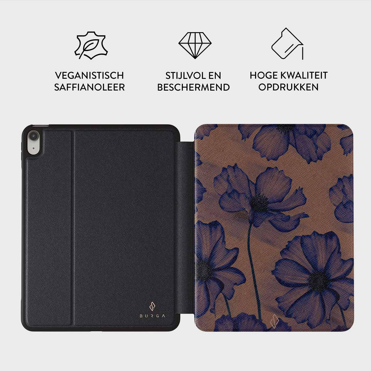 Étui de tablette ouvert. Le côté gauche est noir, le droit a des fleurs bleues sur fond marron. Le haut comporte du texte et des icônes.
