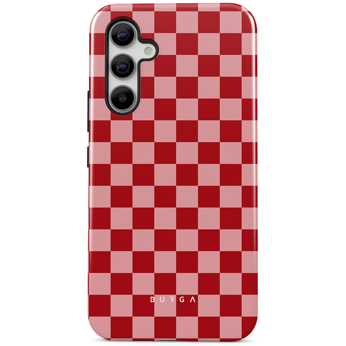 Een telefoonhoesje met een rood-roze dambordpatroon. De telefoon heeft een drievoudige camera en het merk 'BURGA' onderaan.
