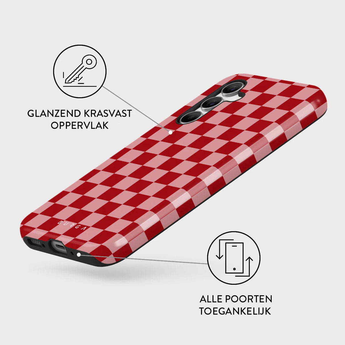 Een rood-witte geruite telefoonhoes met een glanzende afwerking. De telefoonhoes heeft cameralenzen en een oplaadpoort. Nederlandse tekst.