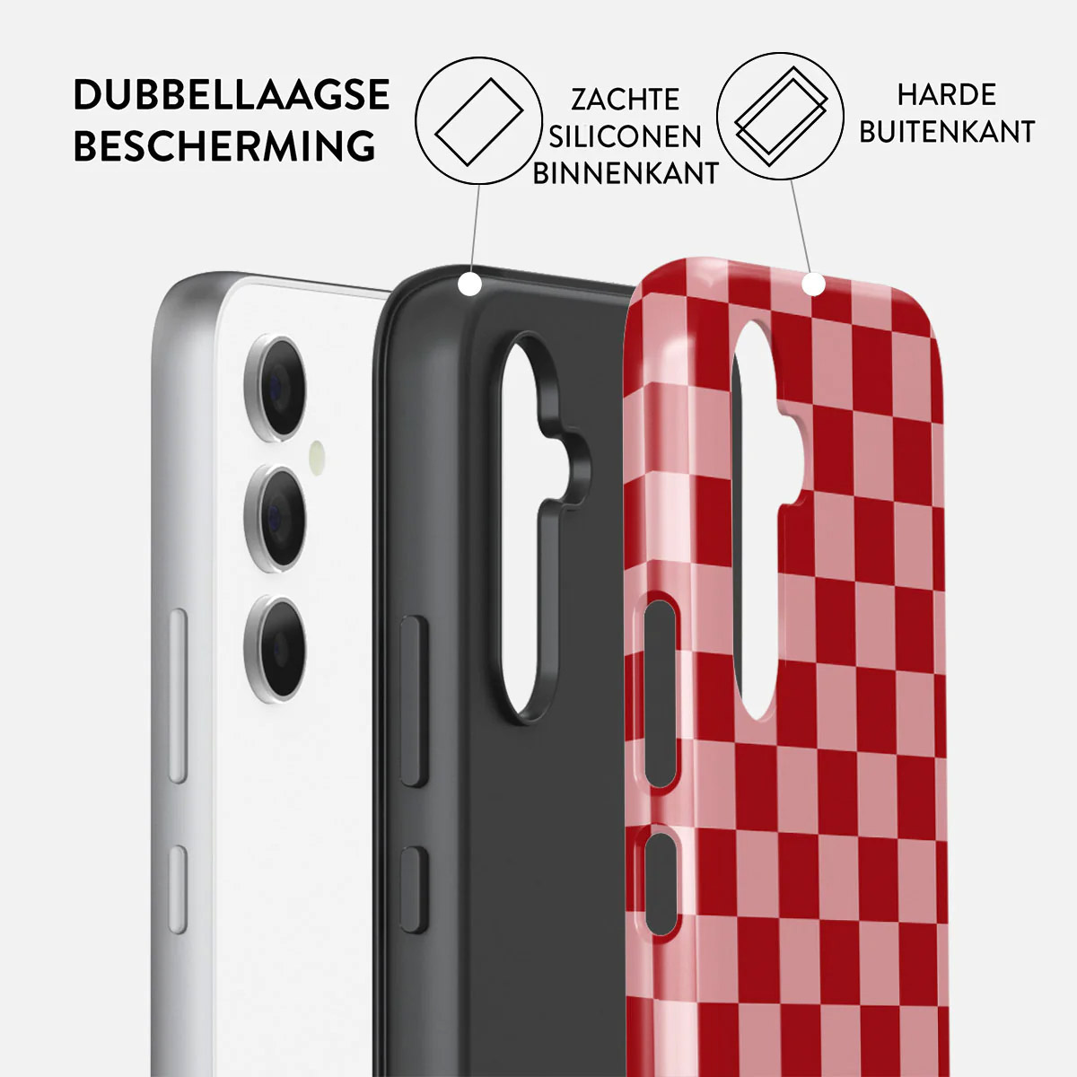 Een telefoonhoesje met drie lagen: witte telefoon, zwarte siliconen en rode geruite harde buitenschaal. Nederlandse tekst.