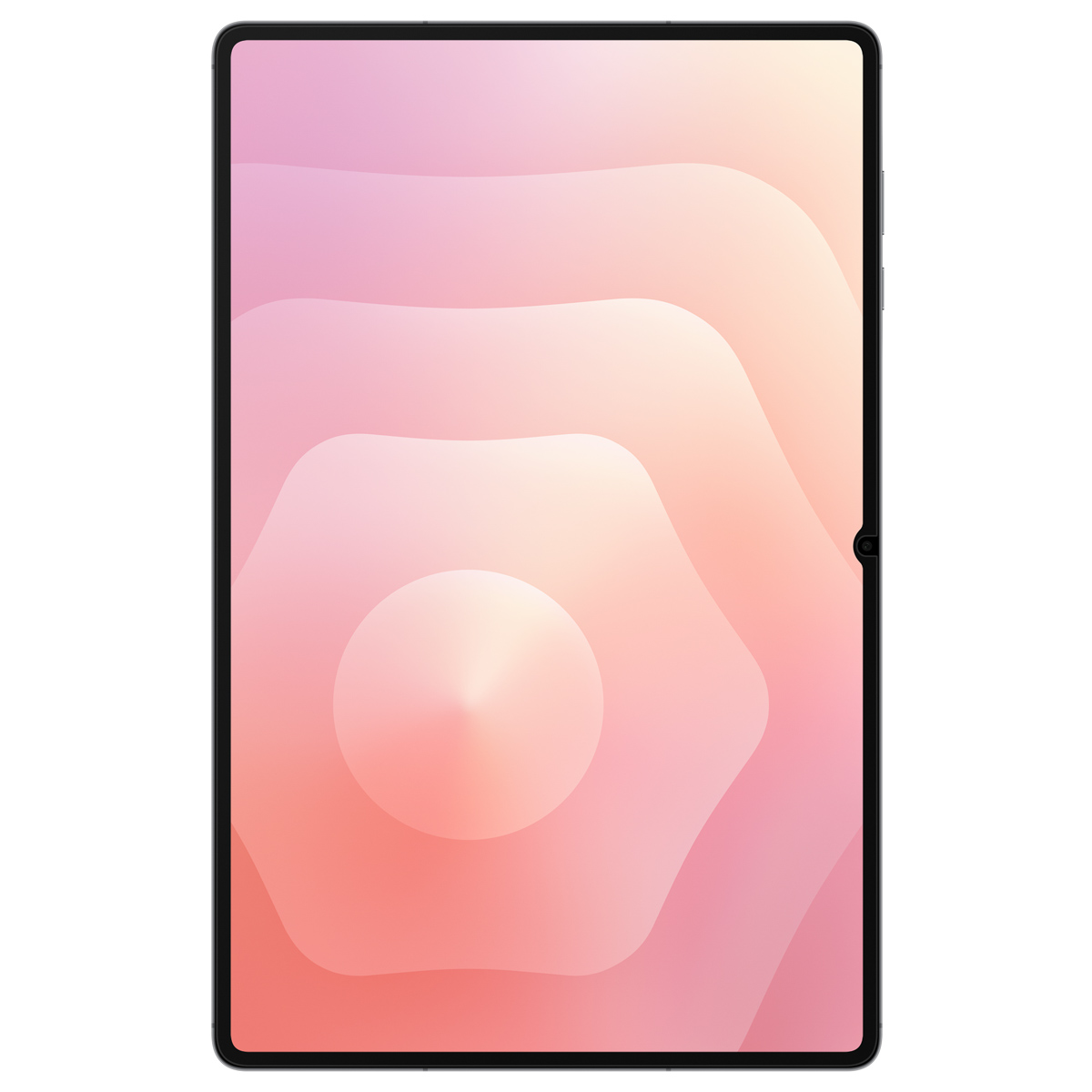Tablet z czarną ramką wyświetla gradientowe tło w kolorze różowym i brzoskwiniowym. Ekran ma kształt prostokąta.