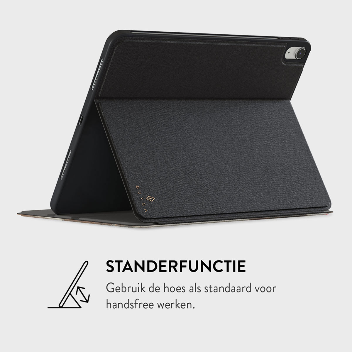 Black tablet with a foldable cover. The cover is folded to create a stand. Text below says 'Standerfunctie'.