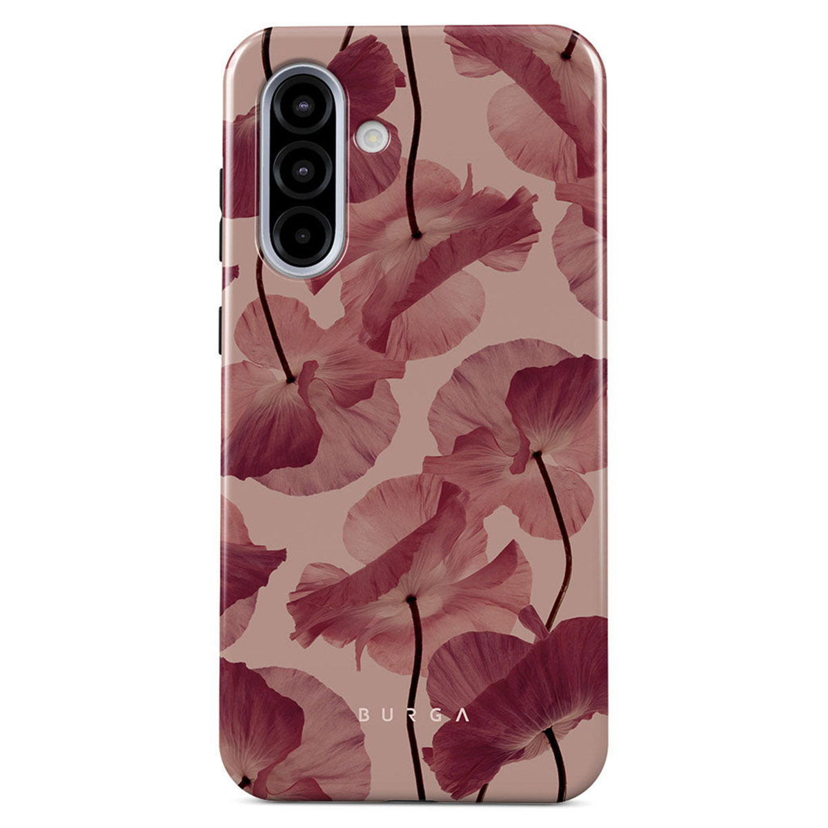 Coque de téléphone avec motif floral. Fleurs roses avec tiges sombres sur fond rose clair.
