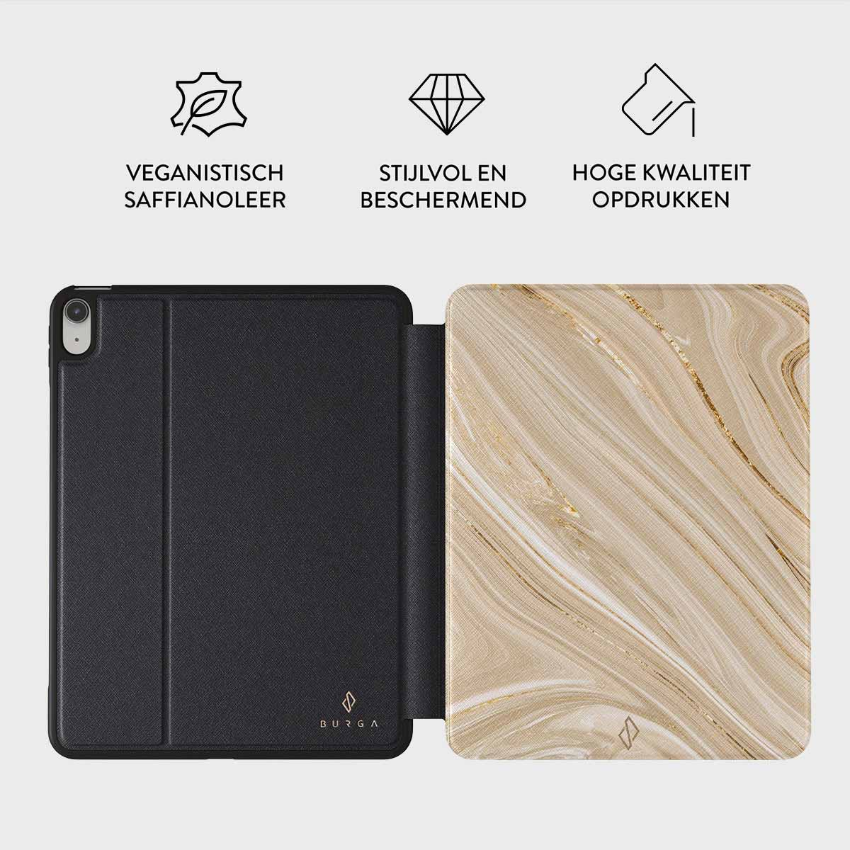 An open tablet case showing the interior with a marble design and the exterior in black, with text and icons above.