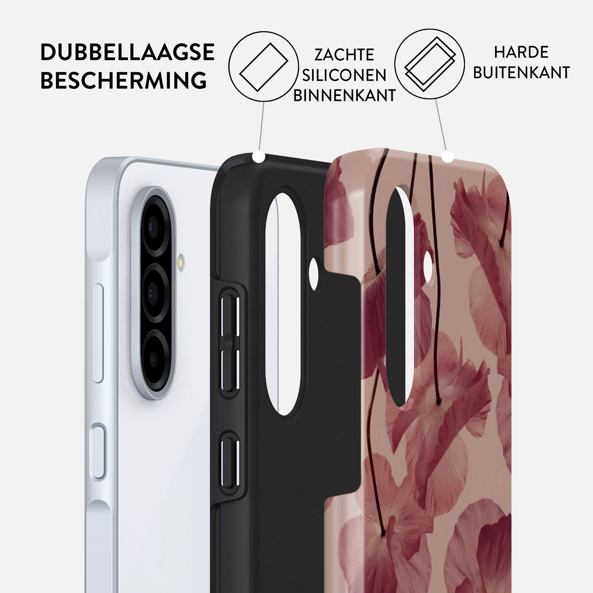 Coque de téléphone avec protection double couche. Comprend une couche interne en silicone souple et une couche externe dure avec un motif floral.