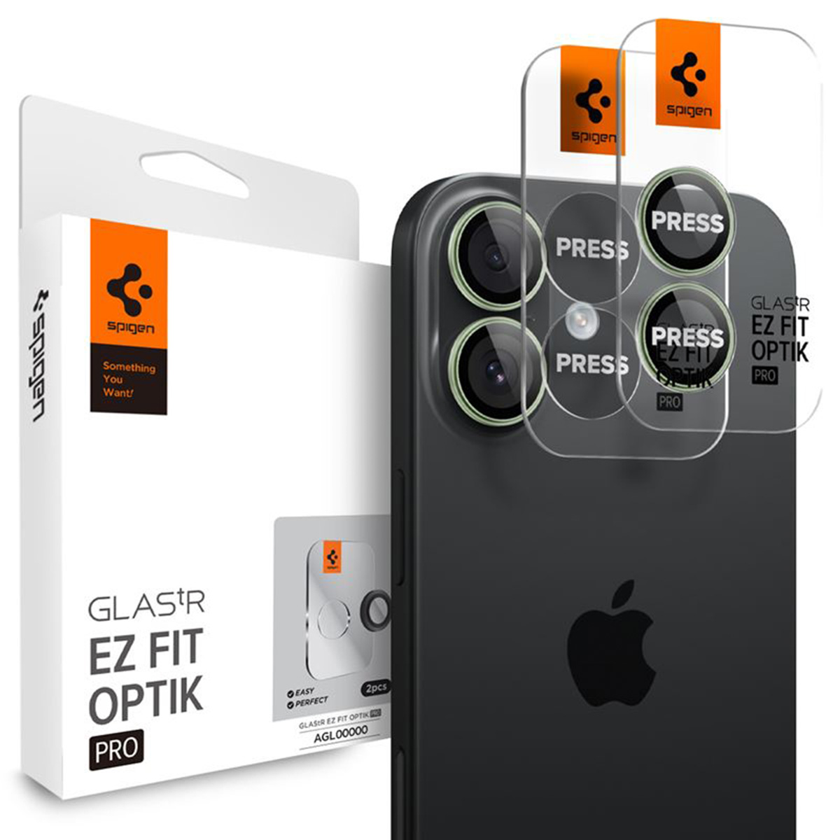 A phone with screen protectors and a box. The box and protectors have the Spigen logo and product details. Black phone.