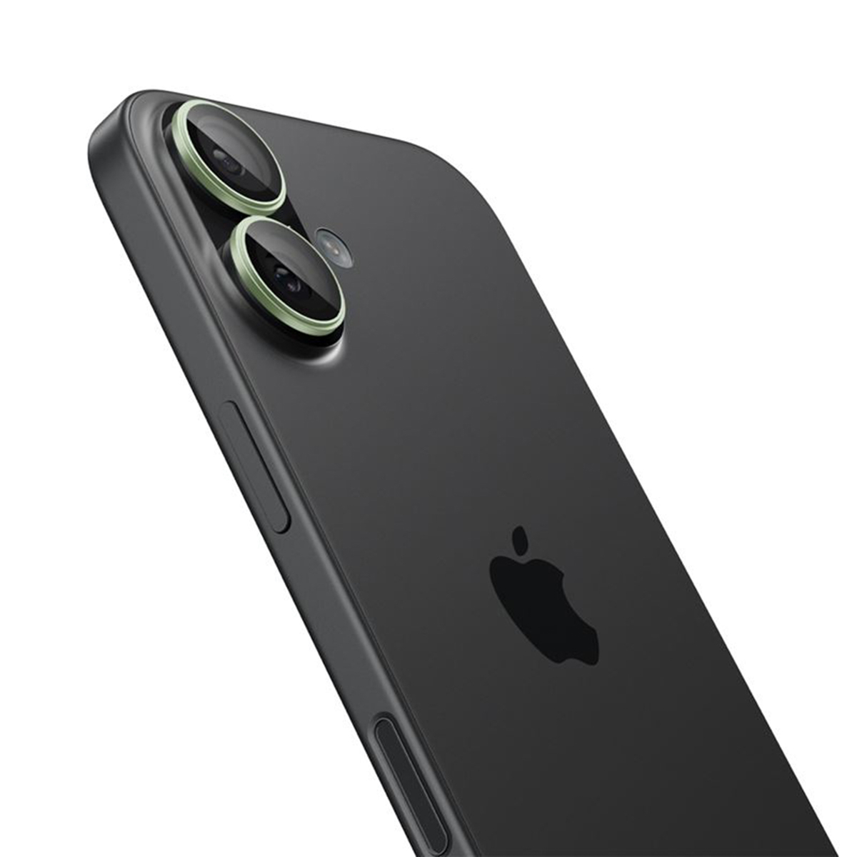 Black iPhone. Dual camera lenses with green accents. Apple logo on the back. Side buttons visible. Angled view against white background.