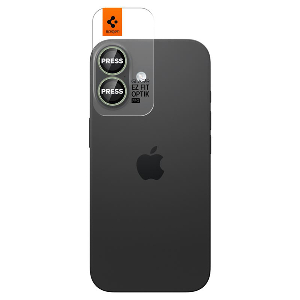 Black iPhone with a screen protector. The protector has two buttons labeled PRESS and a Spigen logo. Apple logo is visible.