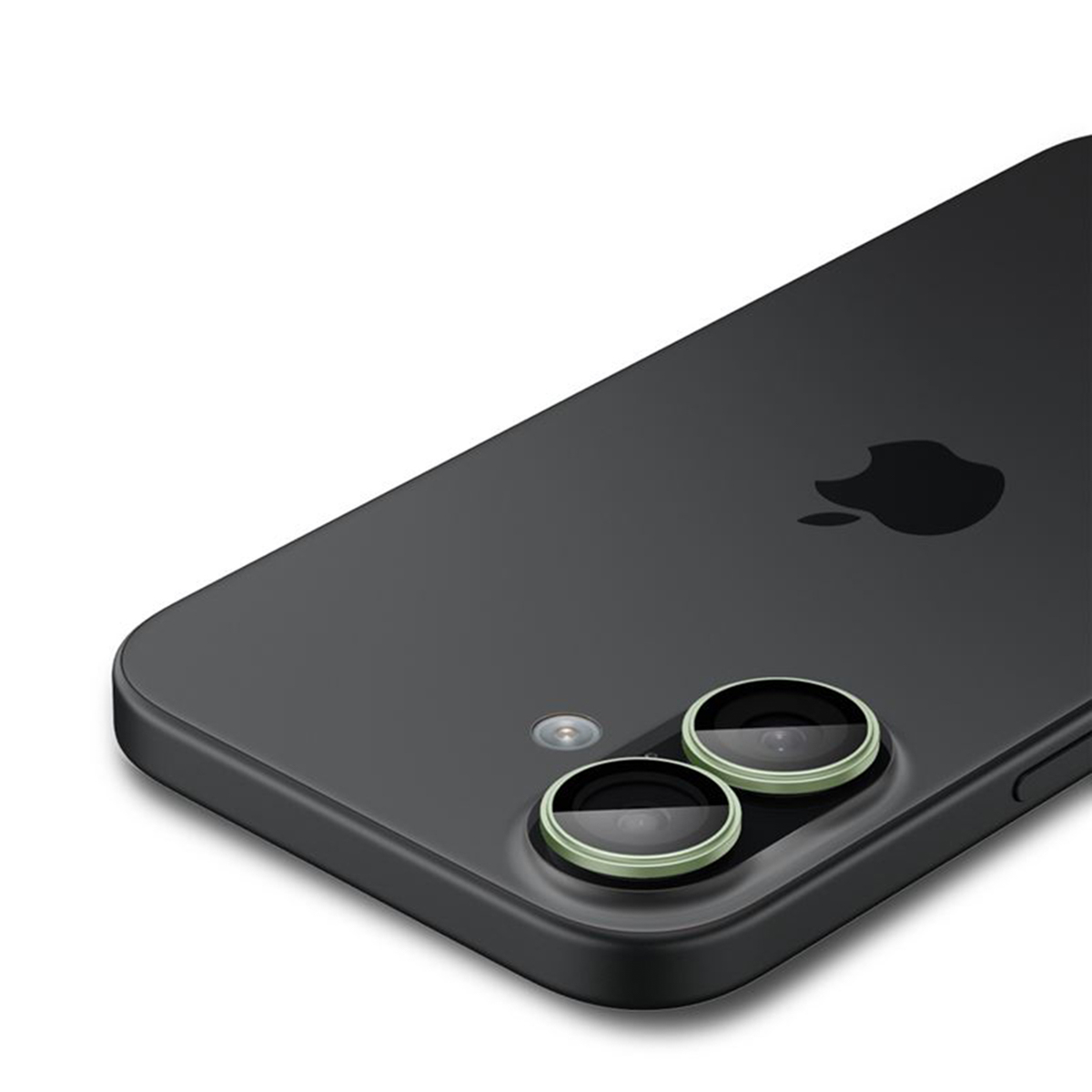 A black iPhone with two camera lenses and an Apple logo is shown. The background is white.