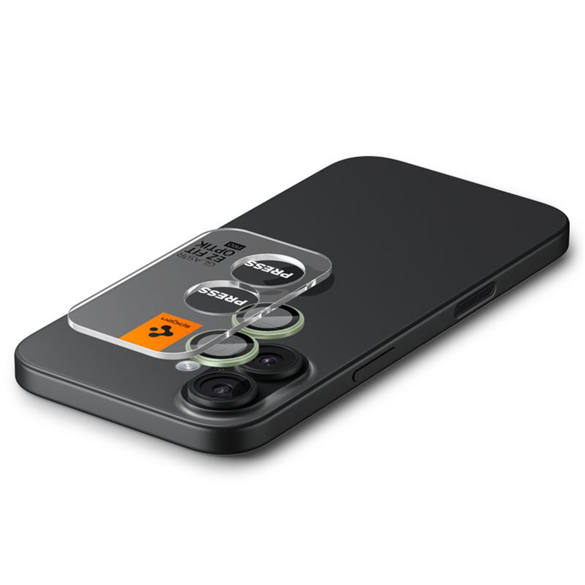 Black smartphone with a clear screen protector. The protector has text and covers the camera lenses. The brand Spigen is visible.