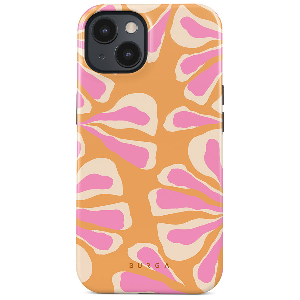 iPhone hoesje met bloemenpatroon. Oranje achtergrond, roze en witte abstracte bloemen en de merknaam BURGA.