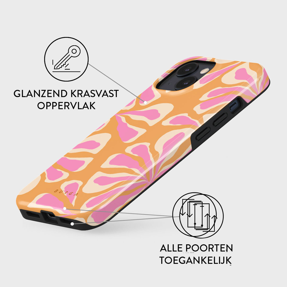 Een telefoonhoesje met een oranje, roze en crèmekleurig bloemenpatroon. De hoes is glanzend en de achtergrond is effen.