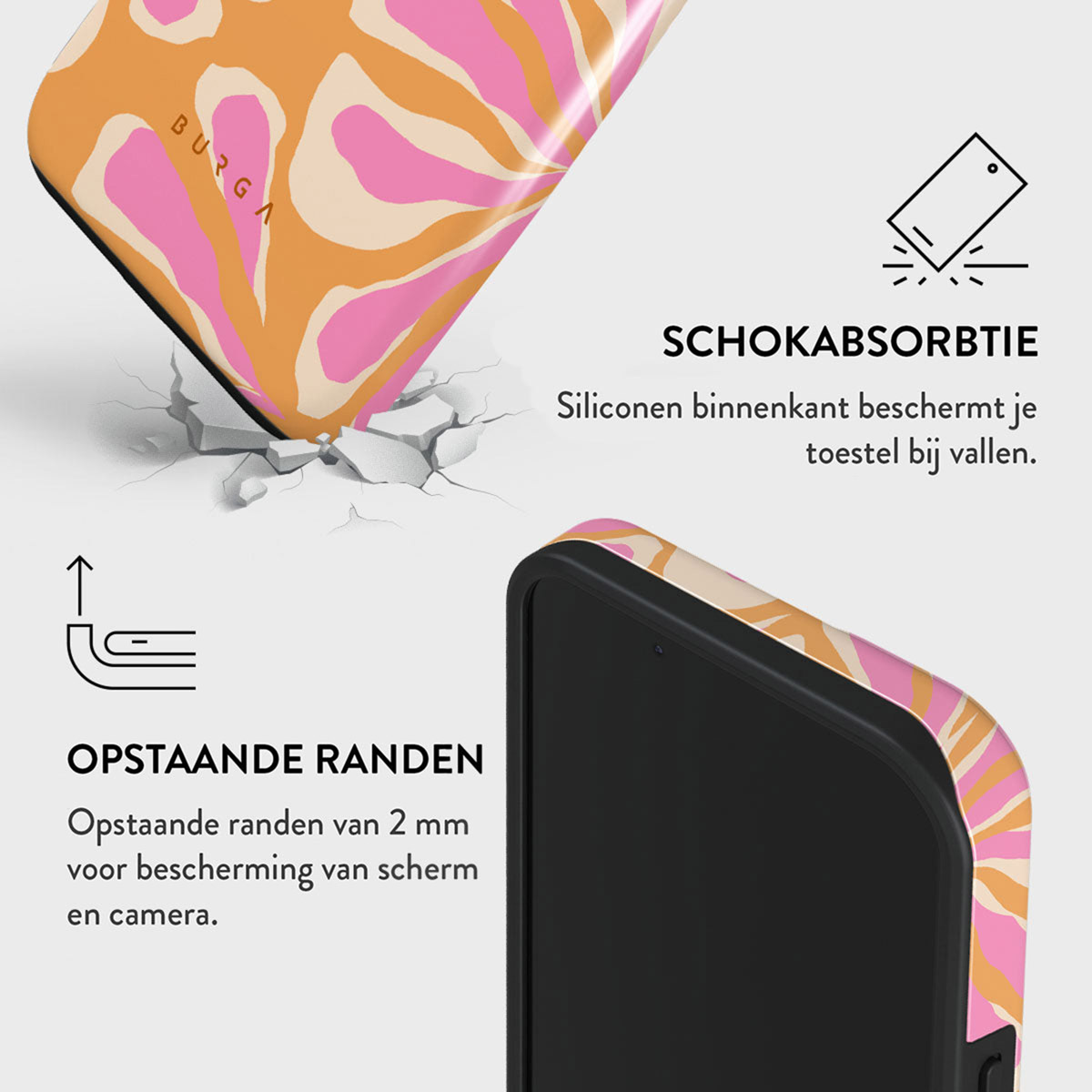 Afbeelding toont een telefoonhoesje met een roze en oranje patroon. Er staat tekst over schokabsorptie en verhoogde randen voor scherm- en camerabescherming.
