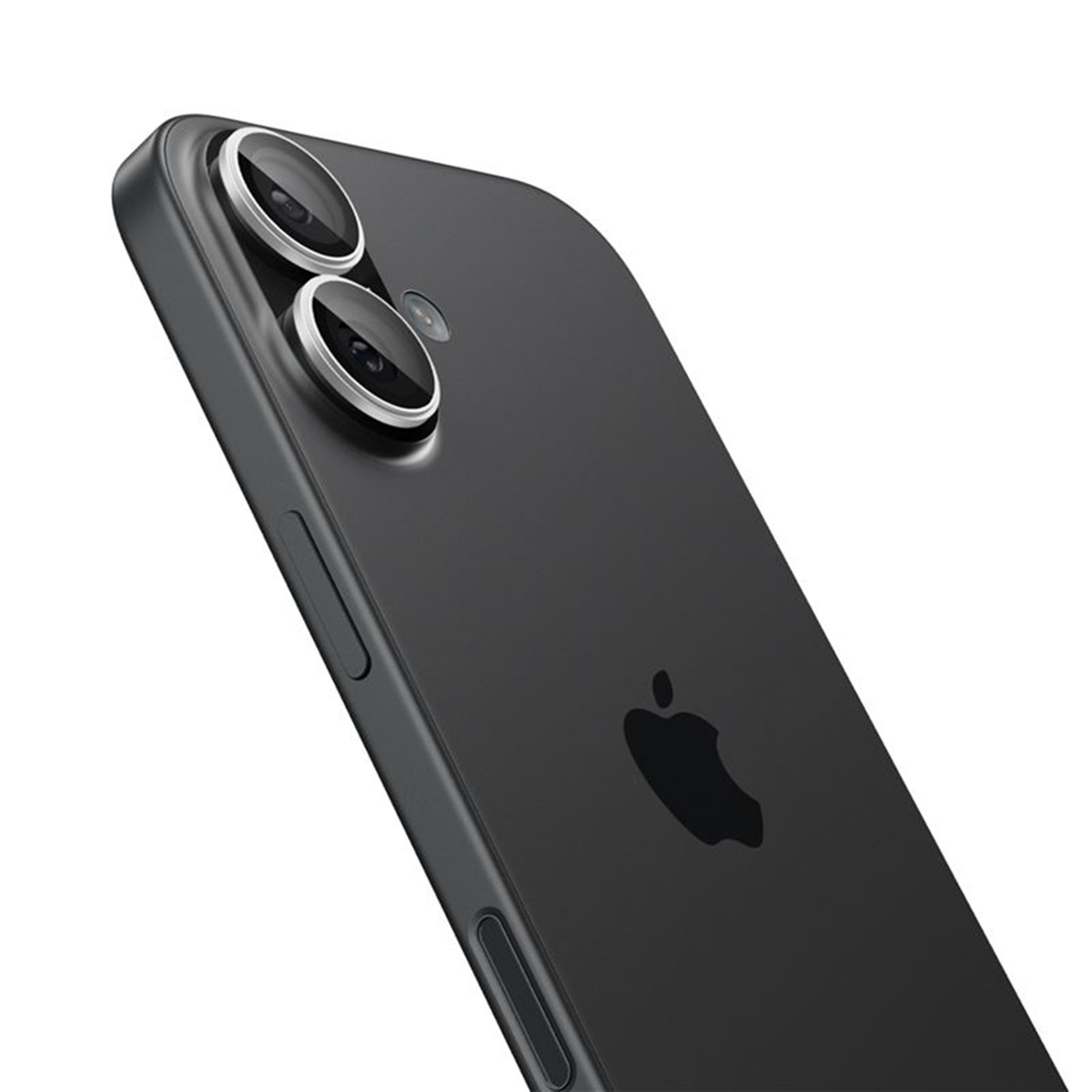 Black iPhone, angled view. Features dual camera lenses, Apple logo, and side buttons. Sleek design with a glossy, dark finish.