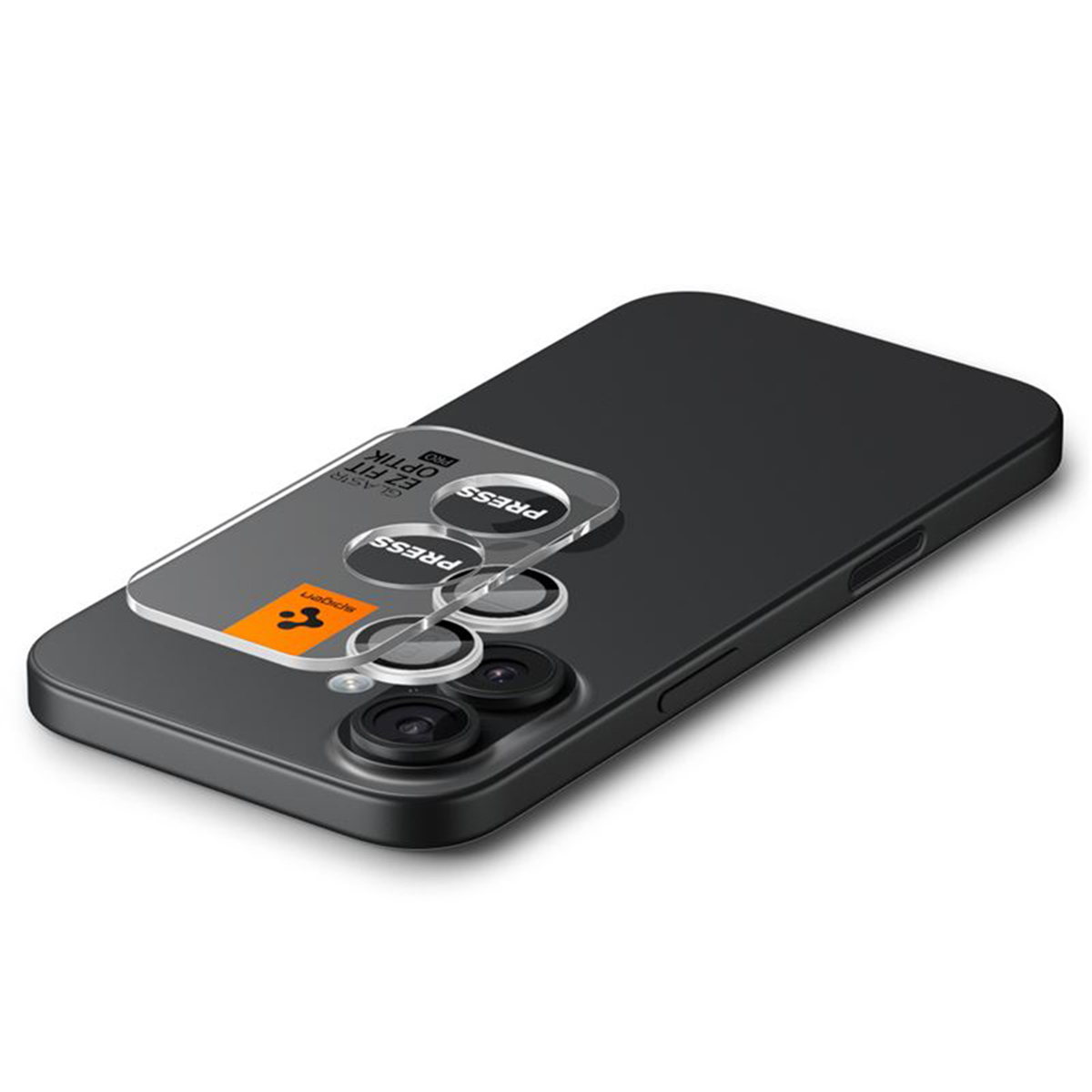 A black smartphone with a clear lens protector. The protector has the word PRESS and Spigen logo. The phone is on a white background.