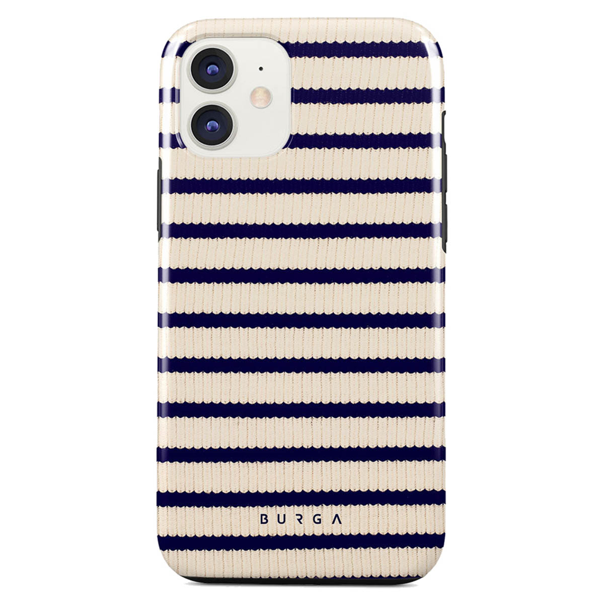 iPhone case with cream and navy blue horizontal stripes. The case has the BURGA logo at the bottom. The phone has two cameras.