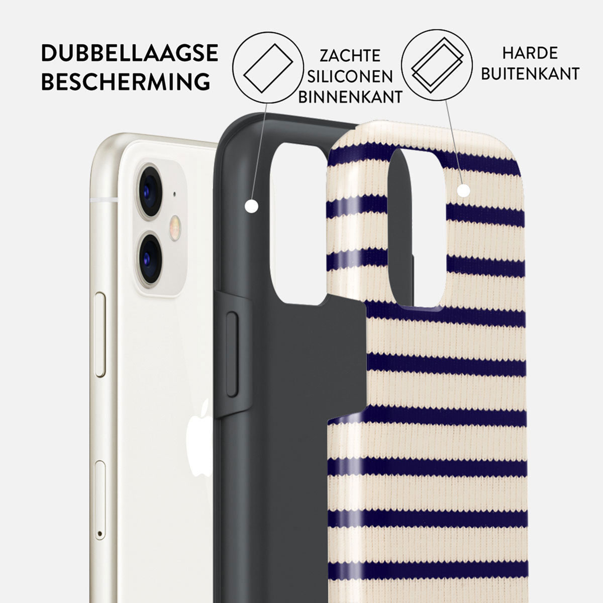 A phone case with a striped design. The case shows double-layer protection: soft silicone inside, hard outside. An iPhone is visible.
