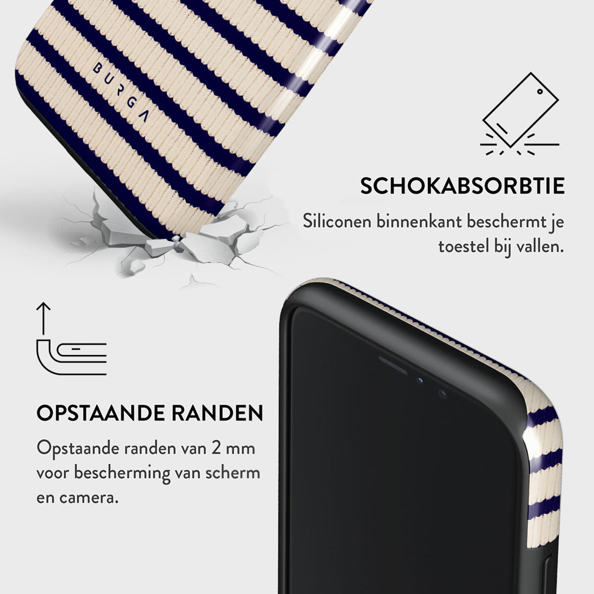Phone case with striped pattern. Case is falling, showing impact protection. Text mentions shock absorption and raised edges for screen protection.