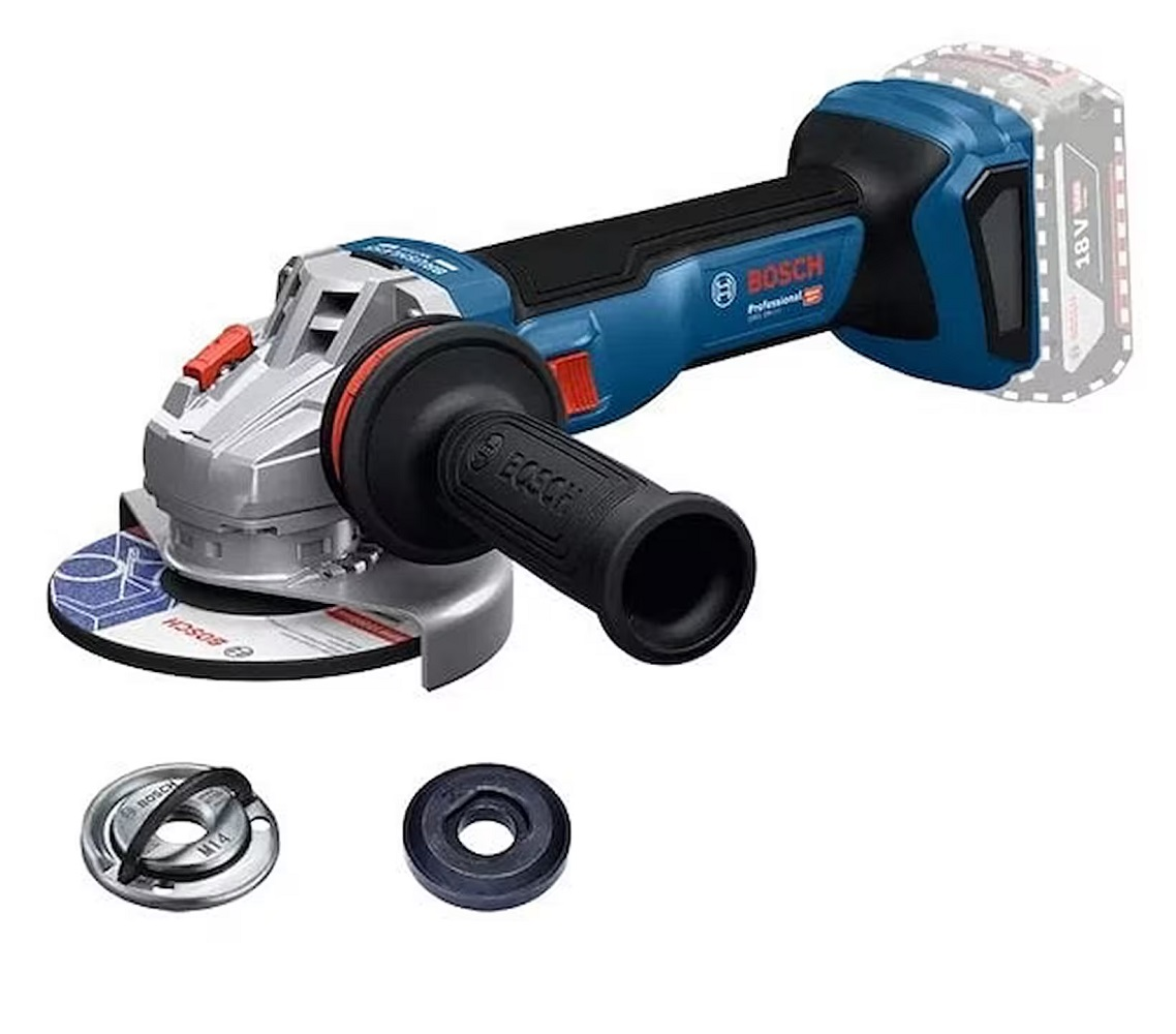 Bosch akülü taşlama makinesi. Mavi ve siyah, gümüş renkli başlık. Disk ve iki ek parça içerir. 18V pil.