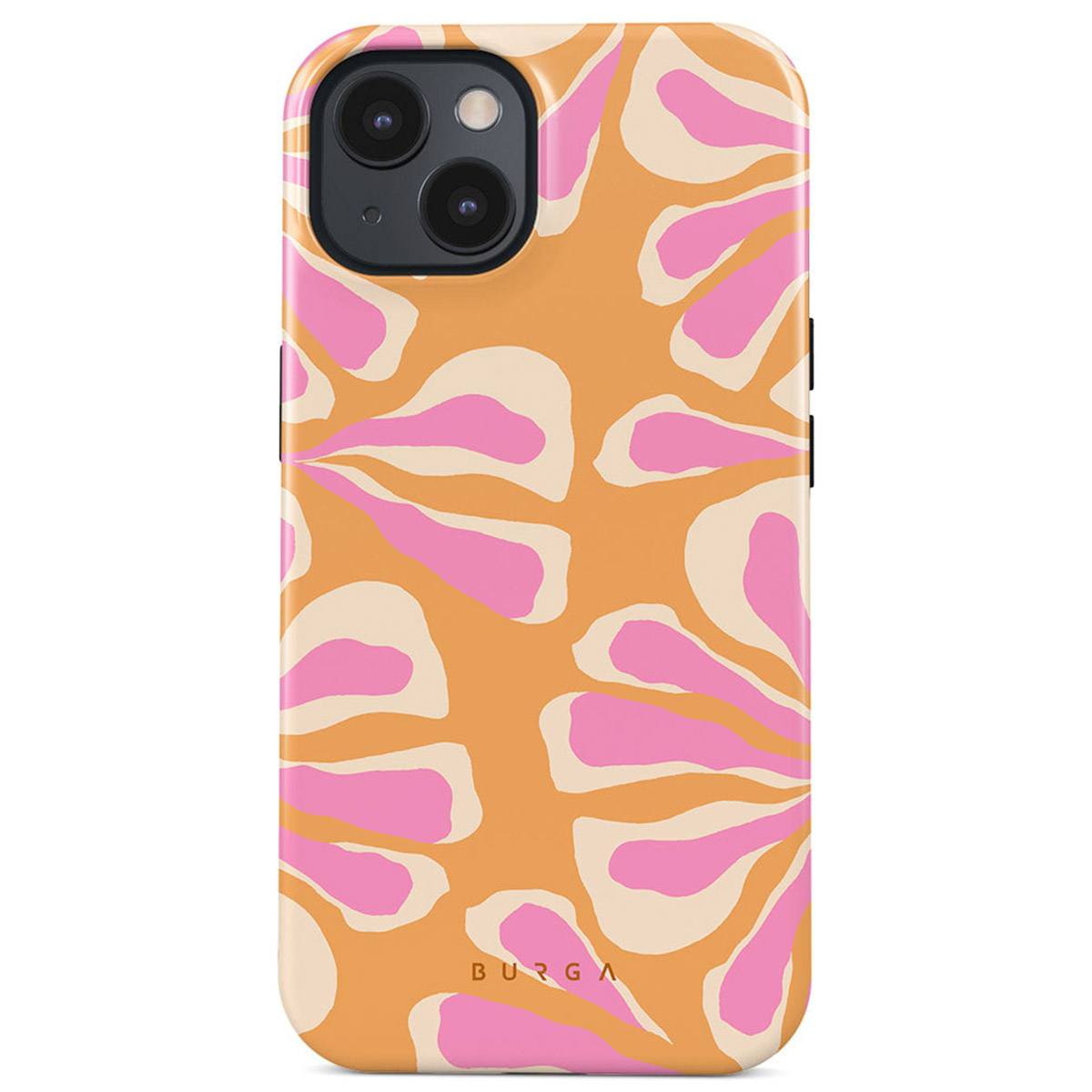 iPhone case with floral pattern. Orange background with pink and cream flower shapes. 'BURGA' logo at the bottom.