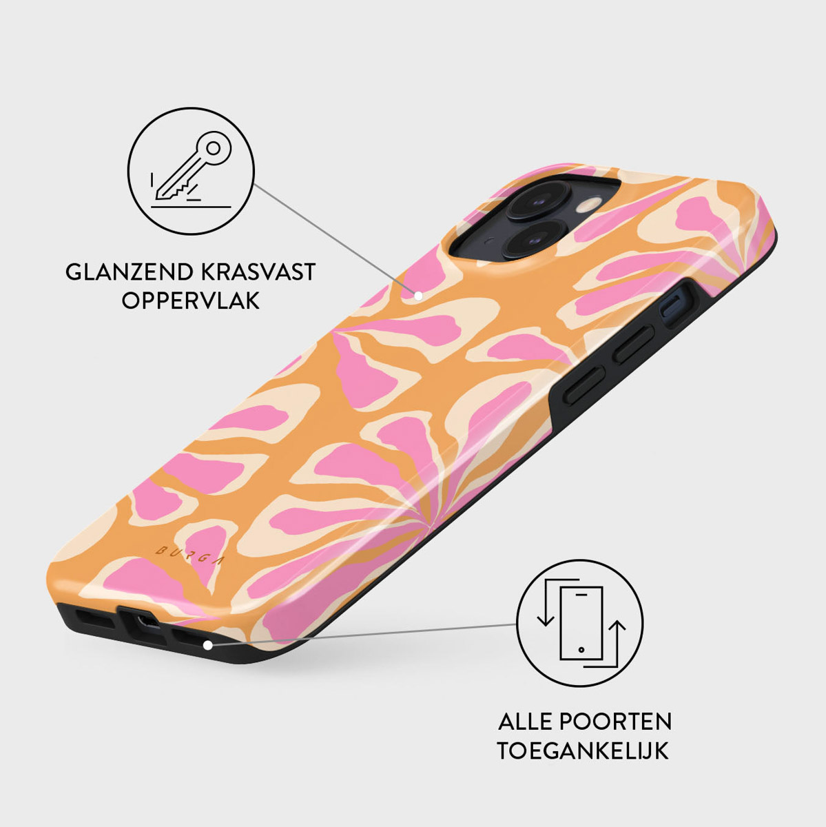 An orange phone case with pink floral design. Text mentions glossy, scratch-resistant surface and accessible ports.