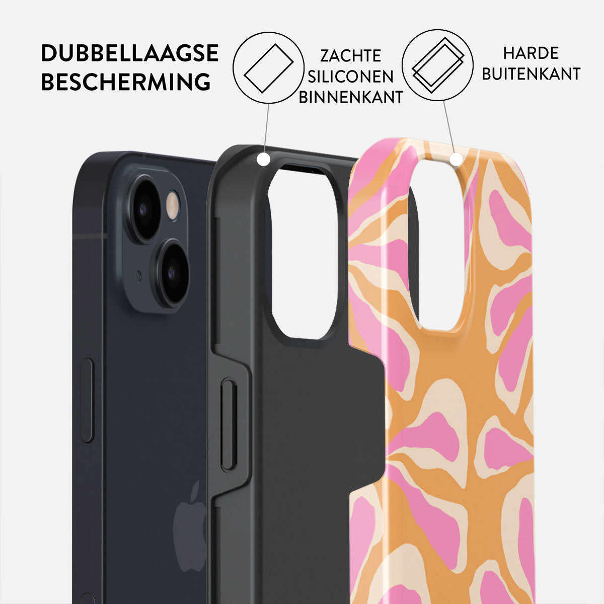 Phone case with a layered design. Labels indicate dual-layer protection, soft silicone inside, and hard outer layer. The outer layer has a pattern.