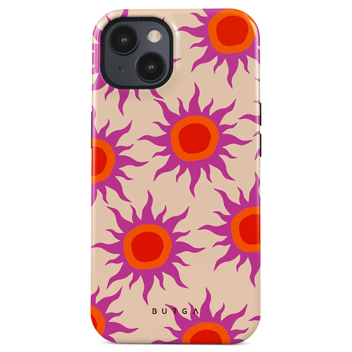 Phone case with a pattern of stylized suns. Each sun has a red center, orange ring, and purple spiky rays on a beige background.