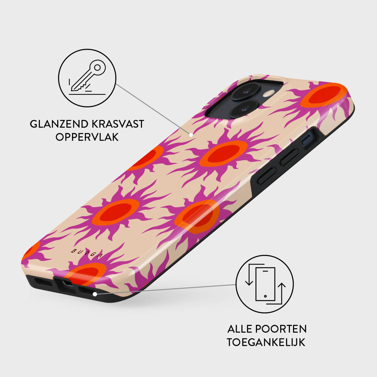 A phone case with a pattern of purple and orange flower-like designs on a beige background. Black phone visible. Text says 'Glossy scratch-resistant surface'.