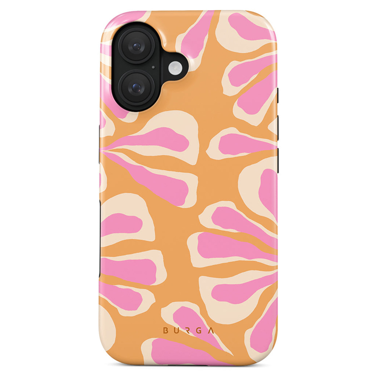 Een telefoonhoesje met een bloemmotief in roze en crème op een mosterdgele achtergrond. De camera van de telefoon is zichtbaar bovenaan.