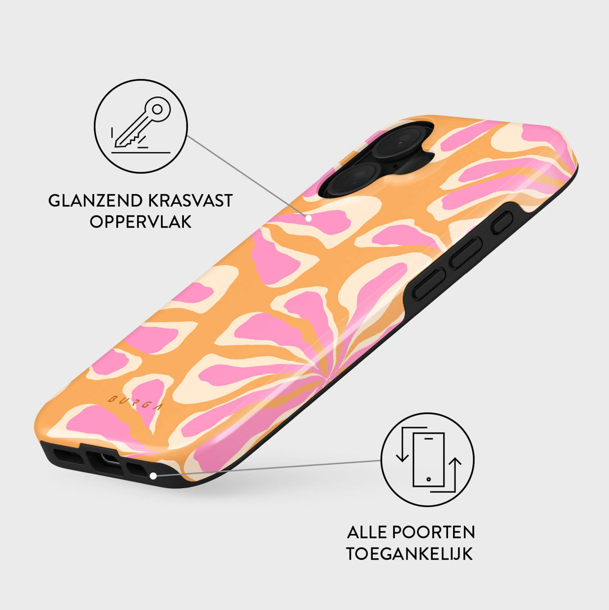 Telefoonhoesje met oranje en roze bloemenpatroon. Zwarte rand. Tekst: Glanzend Krasvast Oppervlak, Alle Poorten Toegankelijk.