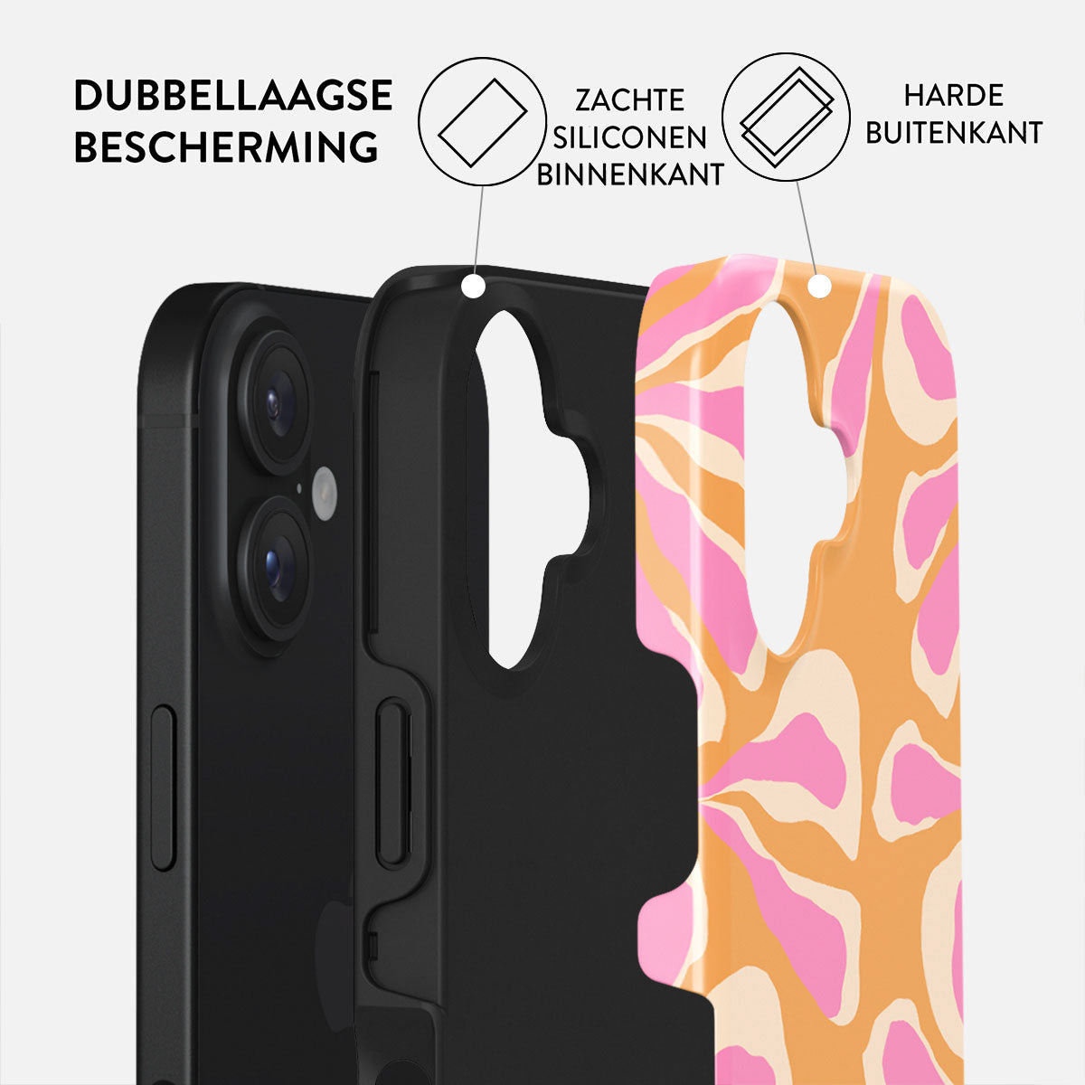 Telefoonhoesje met zwart interieur en bedrukte buitenkant in roze, oranje en crème. Tekst beschrijft de componenten en bescherming.