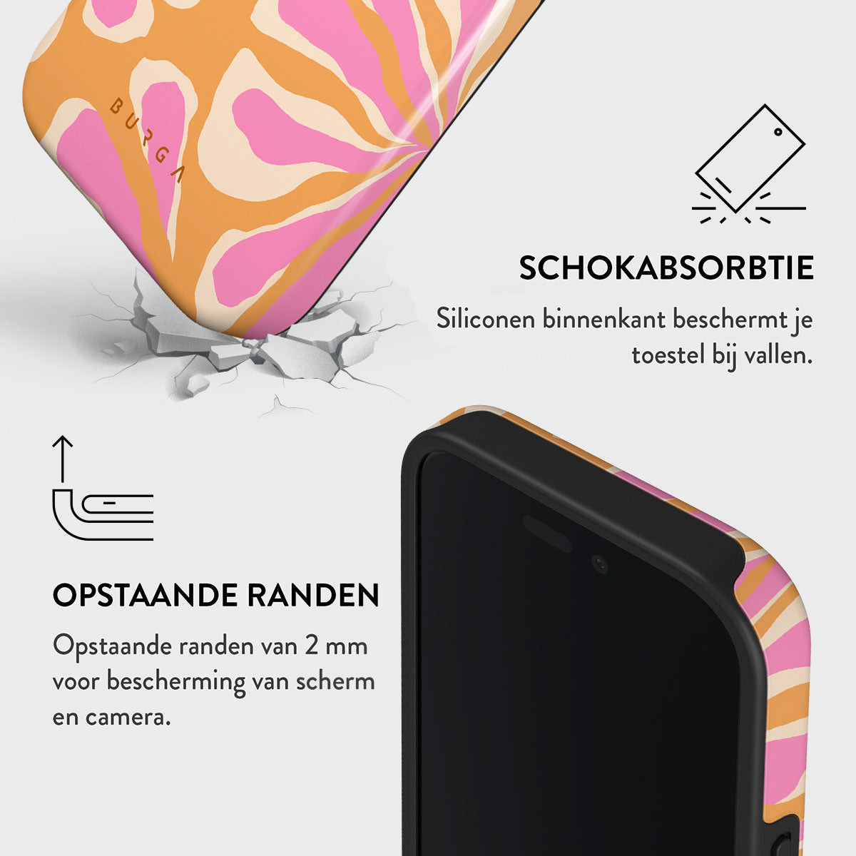 Een telefoonhoesje met roze en oranje wervelingen wordt getoond naast een zwarte telefoon. Tekstdetails schokabsorptie en verhoogde randen.