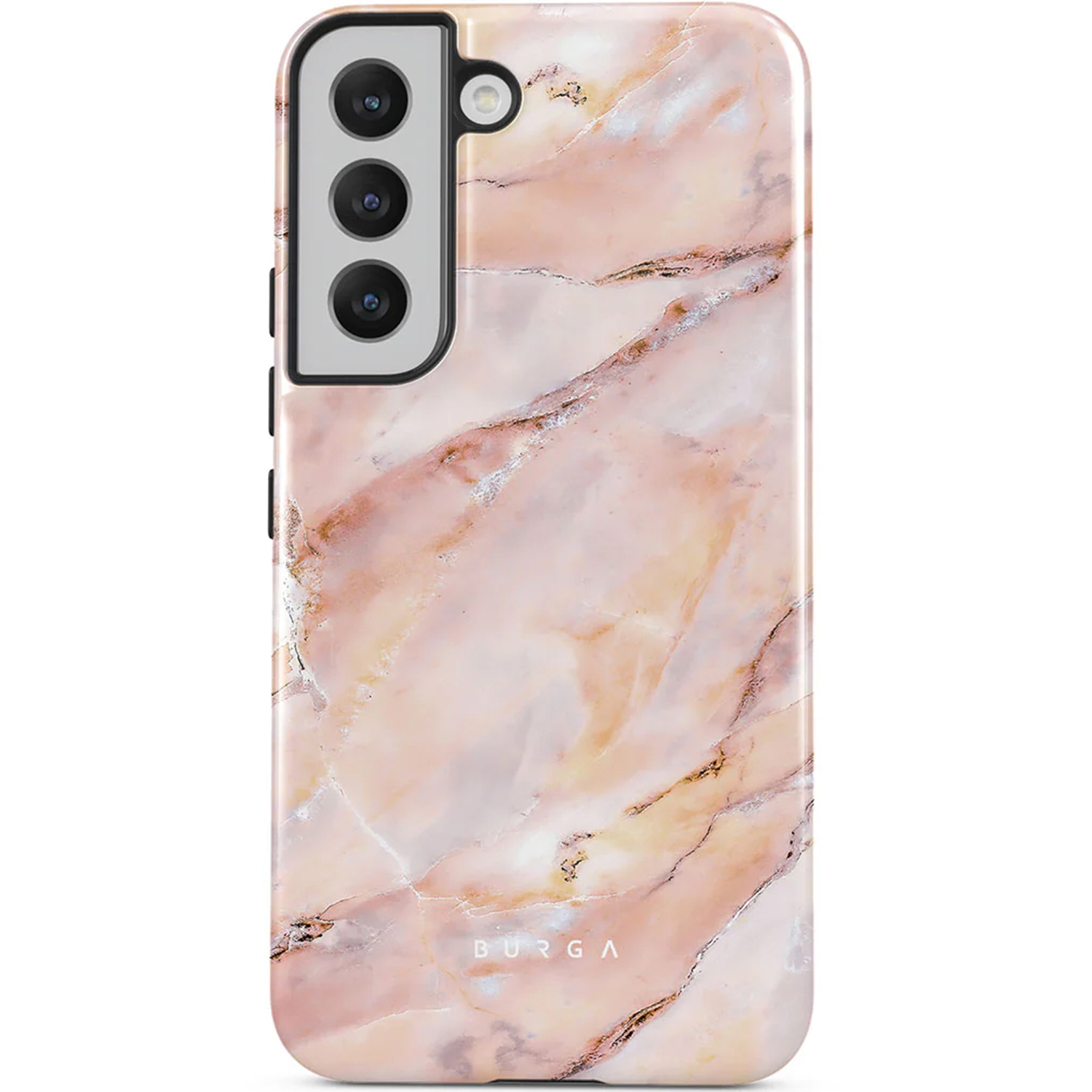 Een telefoonhoesje met een marmerontwerp. Roze, beige en witte kleuren. Drievoudige camera en flitser aan de zijkant. Merknaam 'BURGA' onderaan.