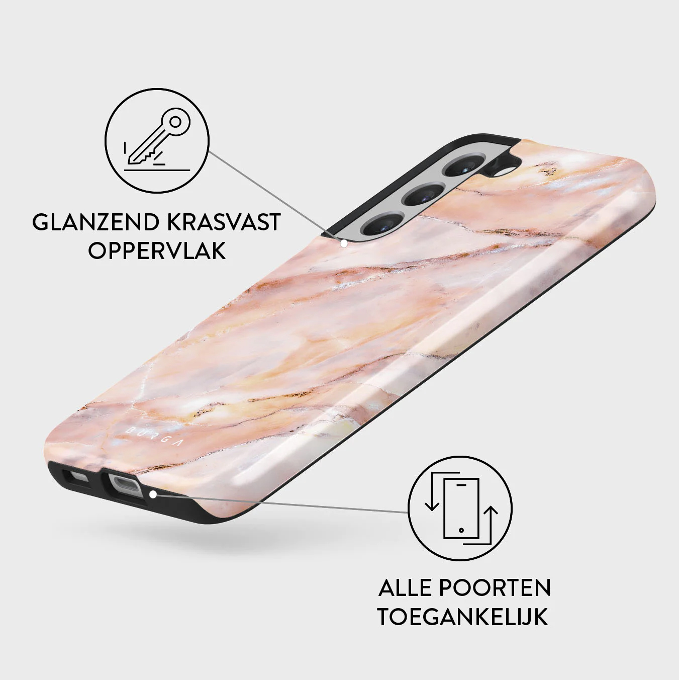 Een telefoonhoesje met een marmeren design. Het heeft een zwarte rand en drie cameralenzen. Tekst: glanzend krasvast oppervlak.