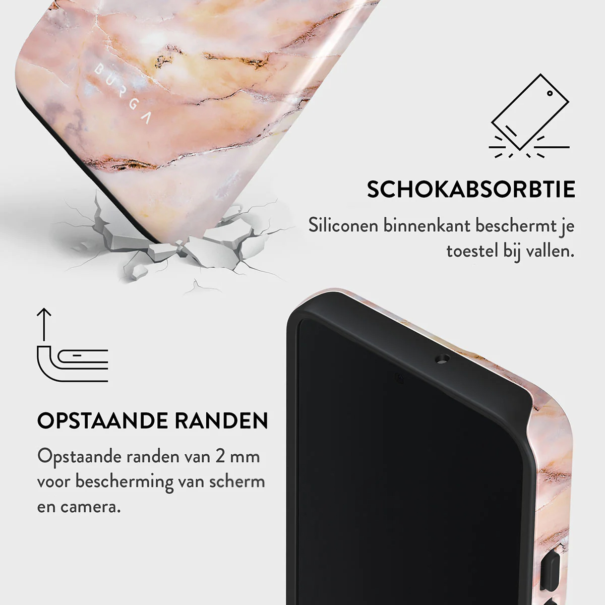 Een telefoonhoesje met een marmerontwerp, een deel van de hoes lijkt gebroken te zijn met scheuren. Tekst over schokabsorptie en verhoogde randen.