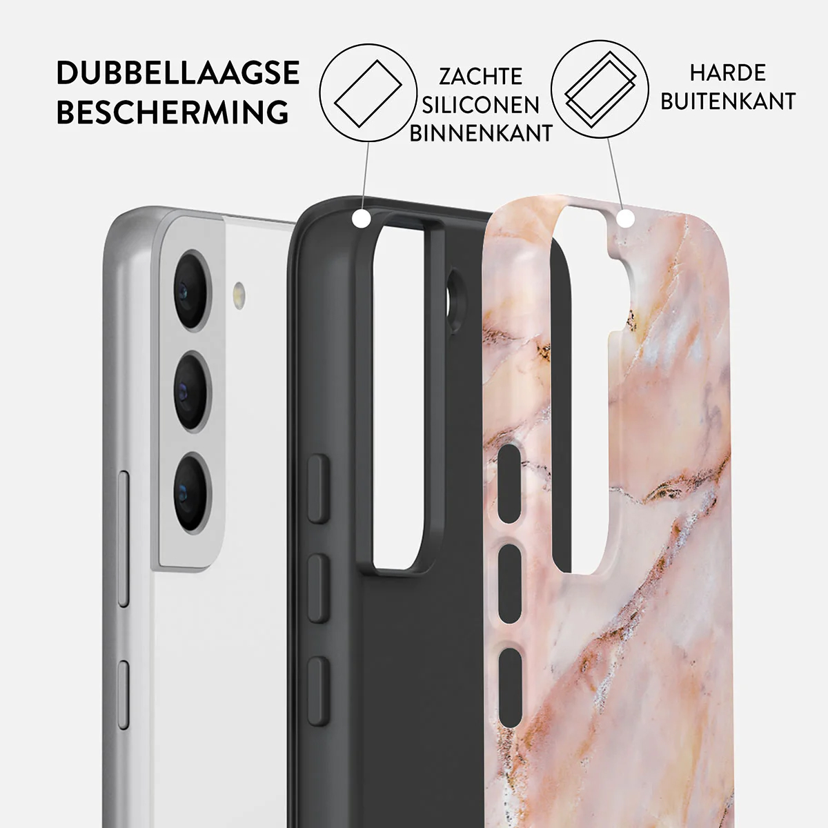 Een telefoonhoesje wordt getoond met drie lagen: telefoon, zwarte siliconen en marmerpatroon. Tekstlabels: dubbellaagse bescherming, zachte siliconen binnenkant, harde buitenkant.